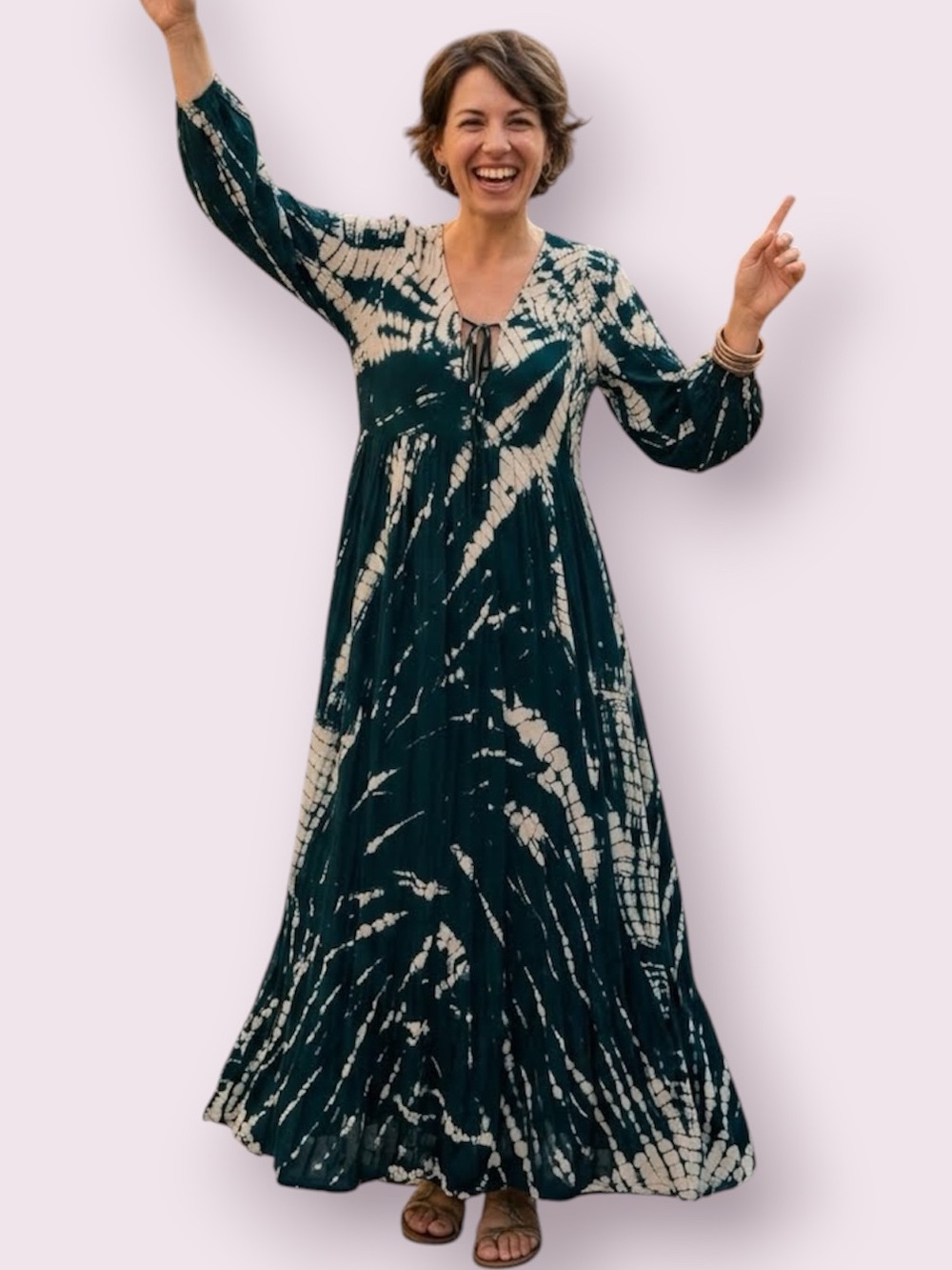 Young Fabulous & Broke Green White Tie-Dye Maxi Dress Boho Flowy Size Small